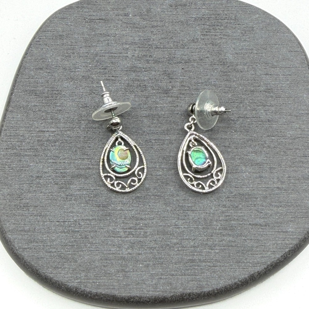 Abalone Shell Teardrop Dangle Earrings Silver Tone Scroll Drop Boho Jewelry